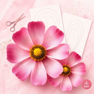 Giant Cosmos flower made with crepe paper - printable template and step-by-step guide