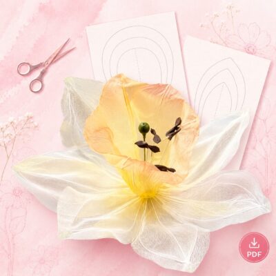 Giant Daffodils flower made with organza fabric - printable template and step-by-step guide