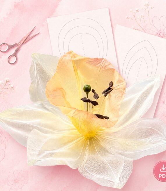 Giant Daffodils flower made with organza fabric - printable template and step-by-step guide