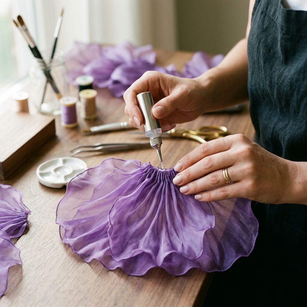 Hands of a designer carefully applying adhesive to the base of a giant organza flower petal