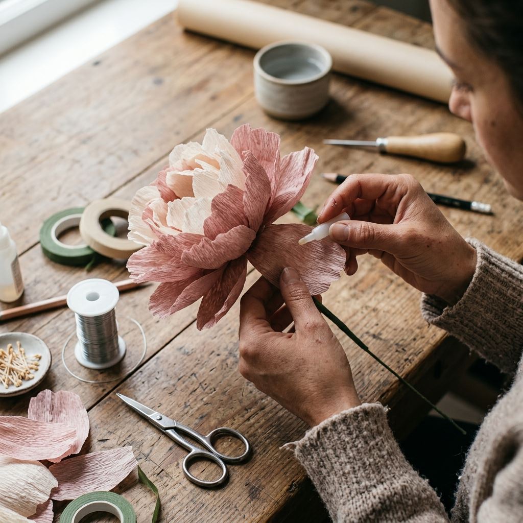 Assembling large crepe paper peony petals for giant flowers on a craft table