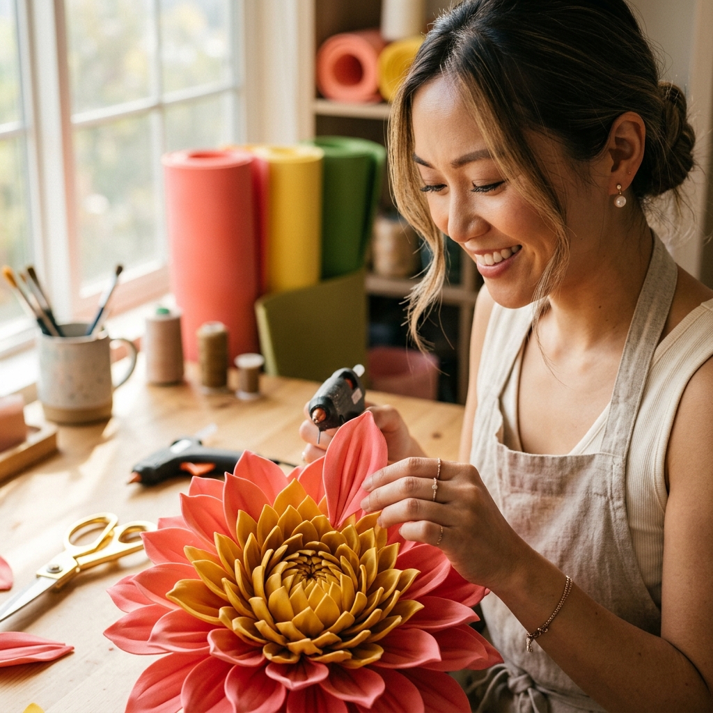 hands-only close-up of a crafter attaching a pointed petal to a developing EVA foam dahlia