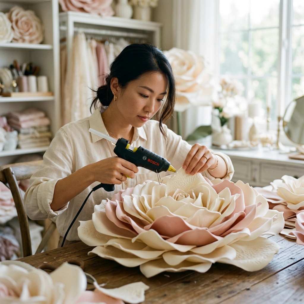 gorgeous Asian female artist carefully uising a professional hot glue gun to assemble a massive giant foam flower