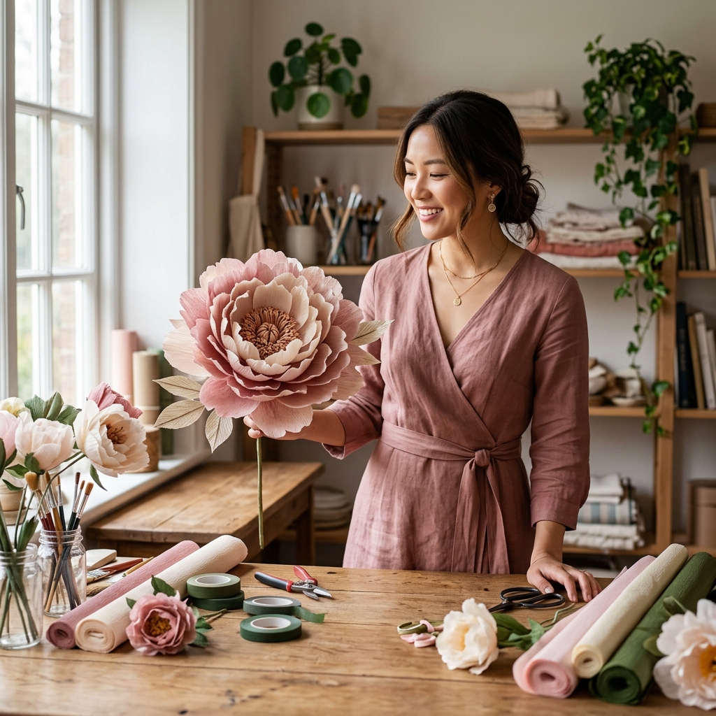 Handmade giant crepe paper peony on a craft table, a key focus in learning through giant flowers courses.