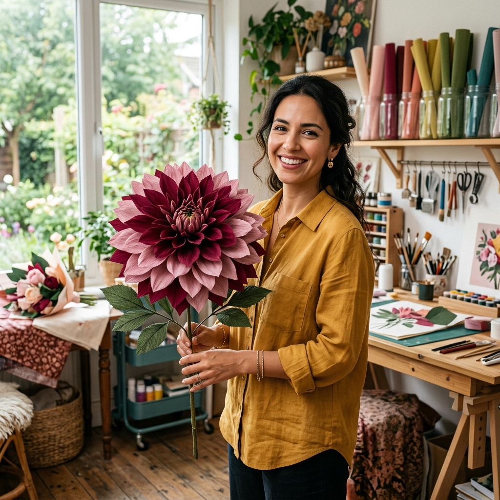 Beautifully crafted giant crepe paper dahlia, a testament to skills acquired in comprehensive giant flowers courses.