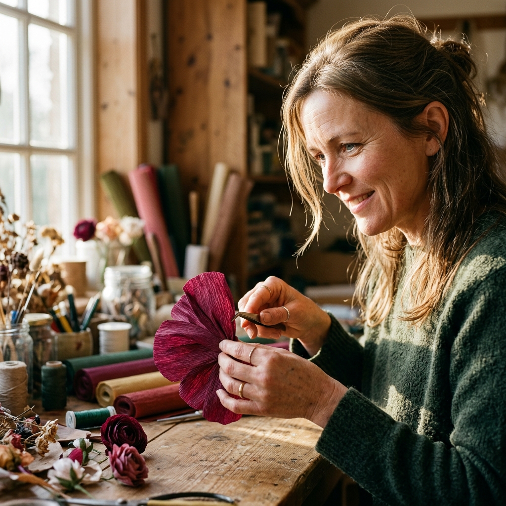 Crafter's hands shaping giant ranunculus petals, demonstrating techniques learned in giant flowers courses.