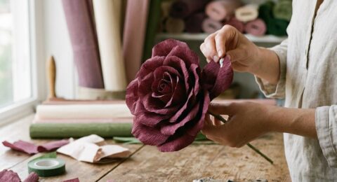 Crafter's hands shaping realistic burgundy crepe paper petals for giant flowers
