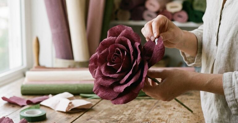 Crafter's hands shaping realistic burgundy crepe paper petals for giant flowers