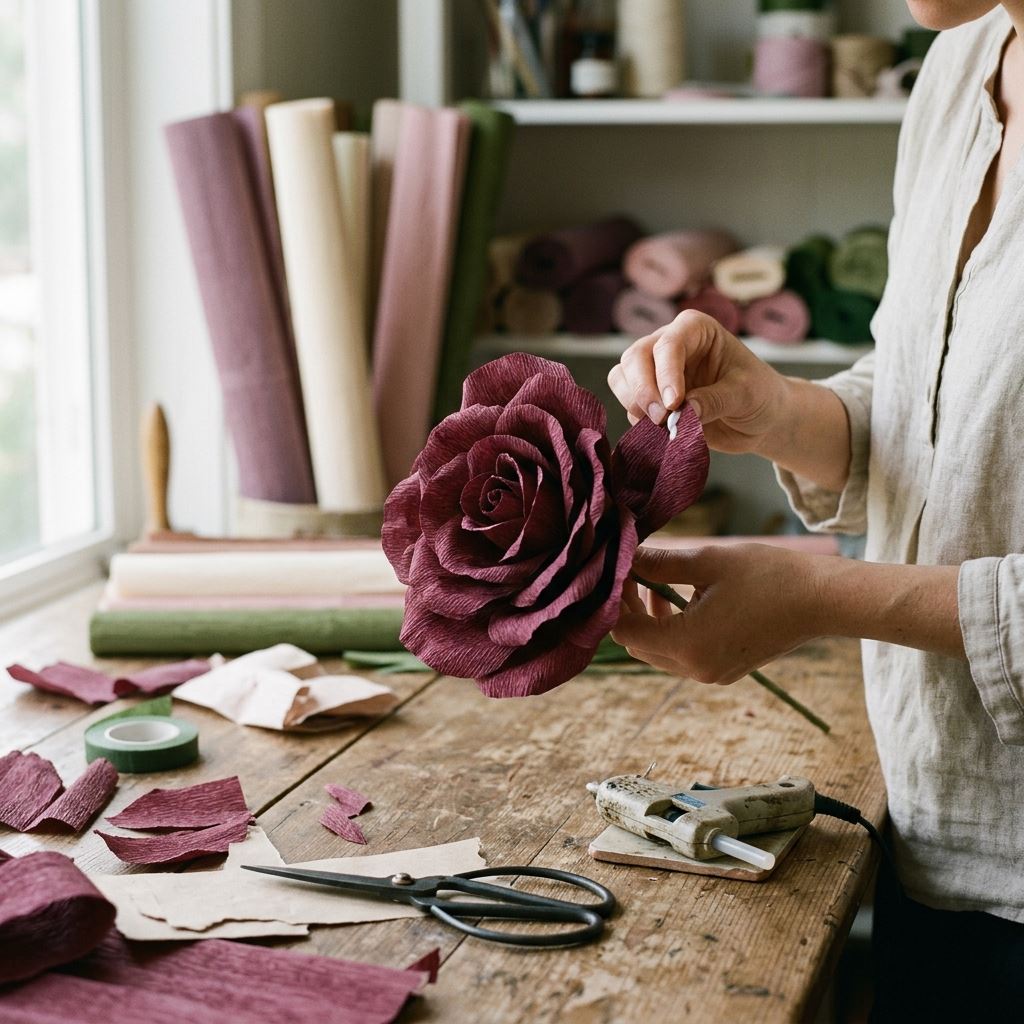 Crafter's hands shaping realistic burgundy crepe paper petals for giant flowers