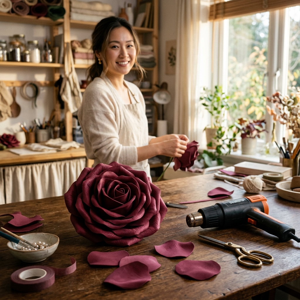 large deep burgundy EVA foam rose head resting on a rustic wooden craft table