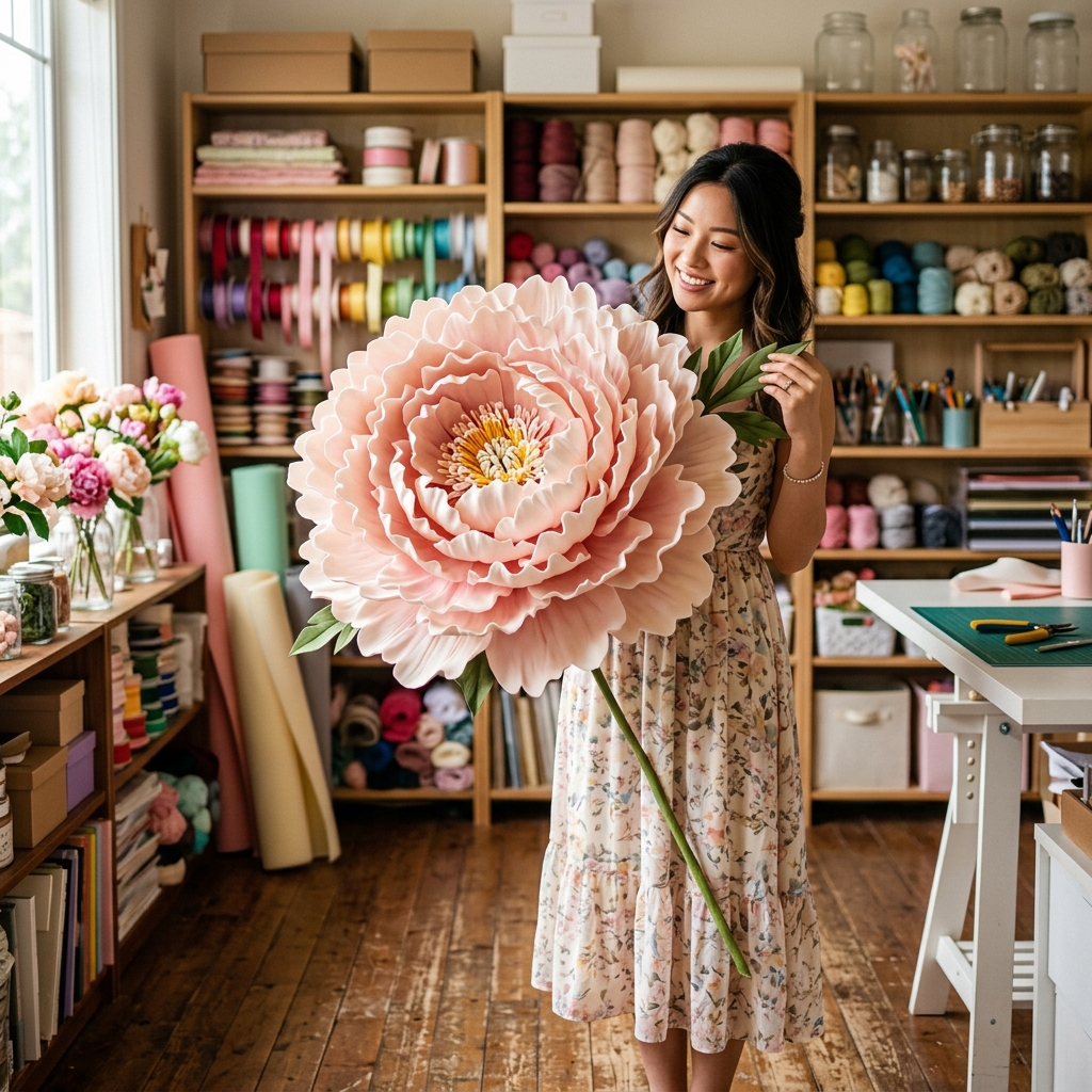 completed large multi-layered EVA foam peony flower in soft blush pink and cream