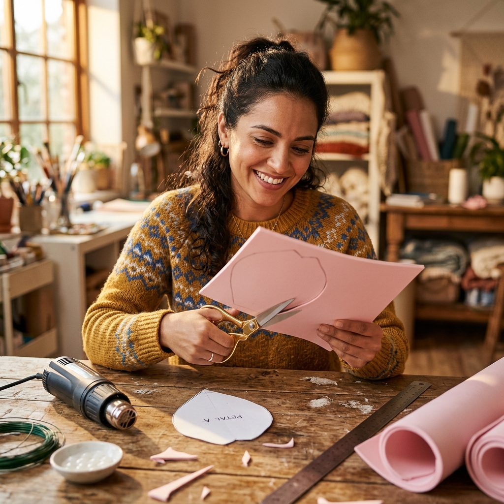 gorgeous Hispanic female crafter cutting out large petals from light pink EVA foam sheets