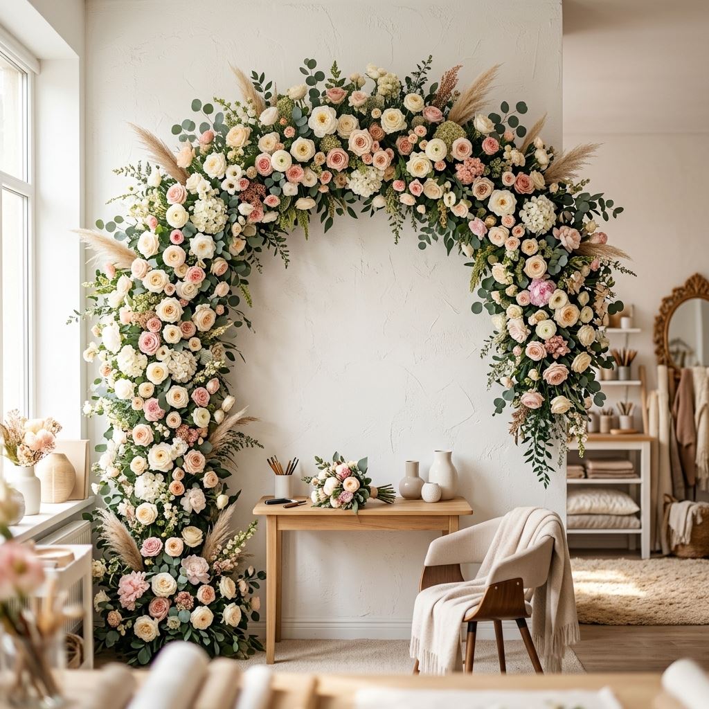 Completed display for Giant Floral Arches for Wedding Backdrops: Design Tips