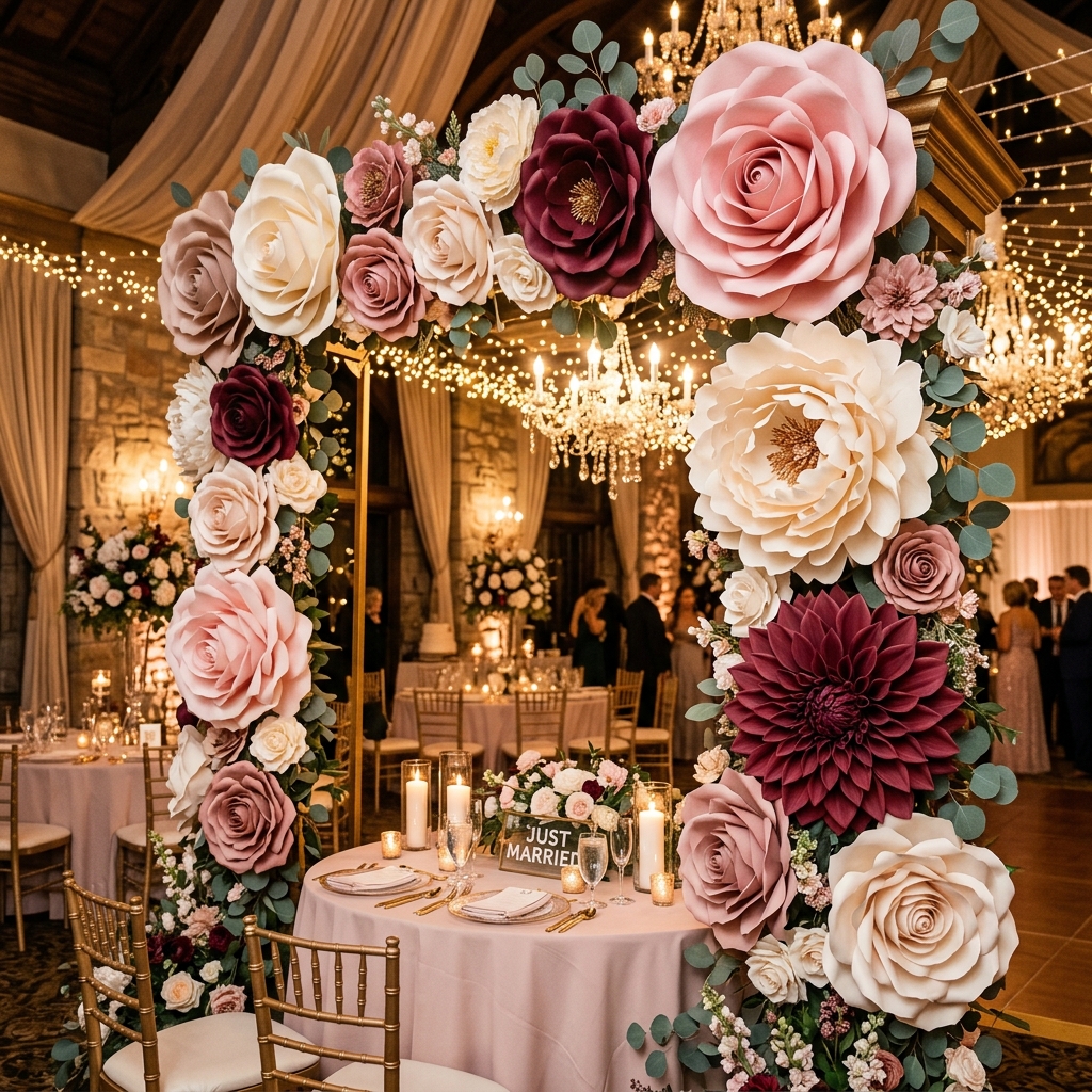 A spectacular display of various finished giant flowers assembled using professional adhesives