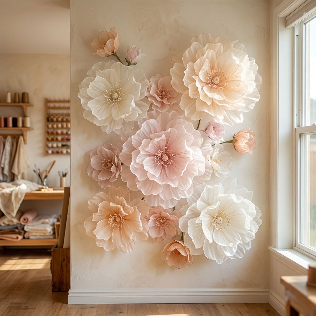 Completed display for Giant Organza Flowers: Achieving that Ethereal Glow