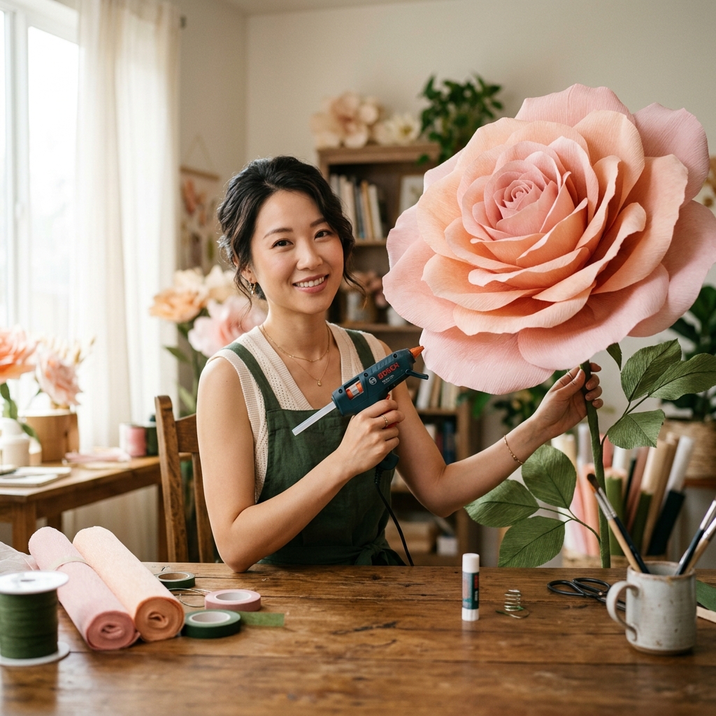 Blooming Strong: Best Glue for Giant Flowers showing a crafter with hot glue gun and giant rose