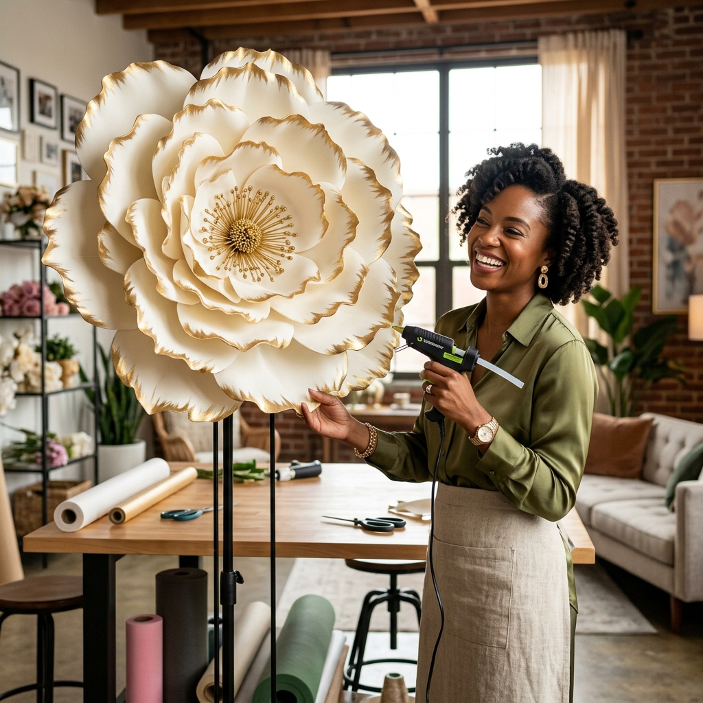 gorgeous African American crafter building stunning giant foam flowers