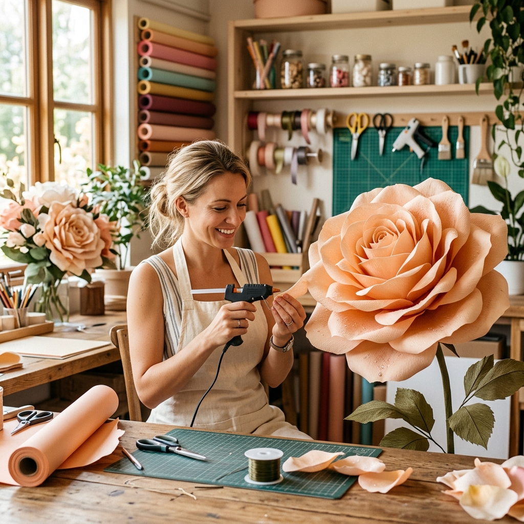 gorgeous European female designer crafting waterproof giant paper flowers