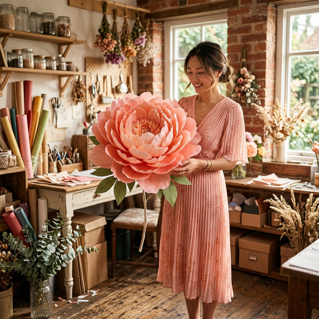 gorgeous Vietnamese female artist making giant foam flowers tutorial