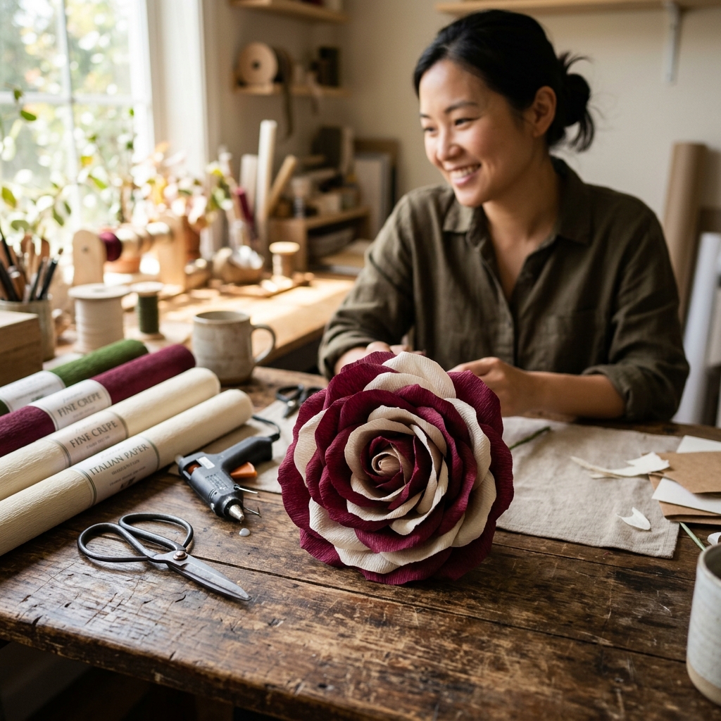 Crepe paper dahlia petals being shaped by hand on a rustic table, illustrating techniques from Giant flowers courses.