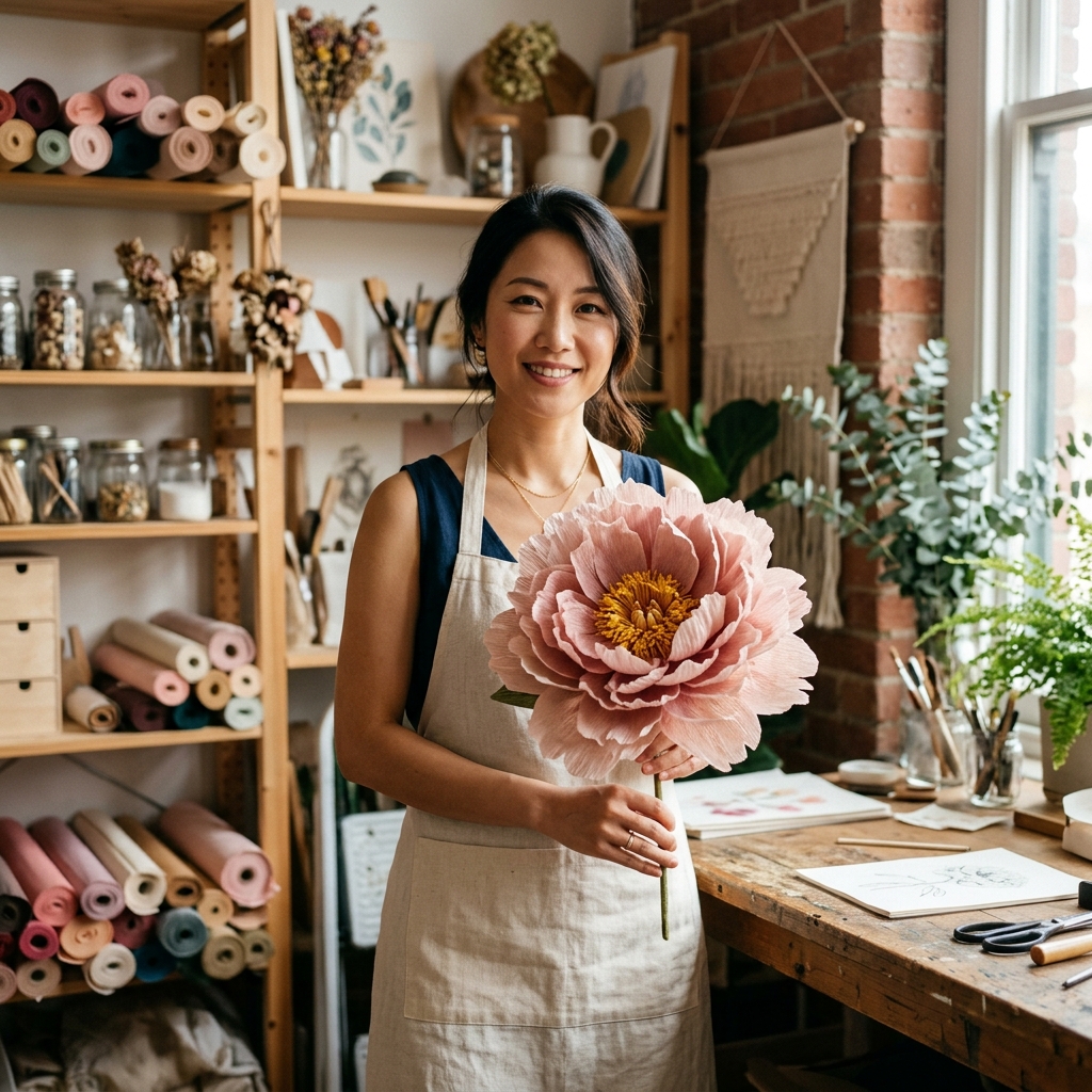 Learn Giant Flowers Courses: Handmade giant crepe paper peony on a crafter's table