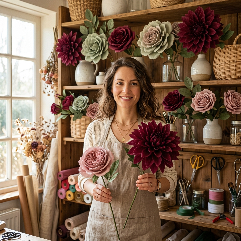 Completed giant flowers made from courses displayed in a cozy workshop setting