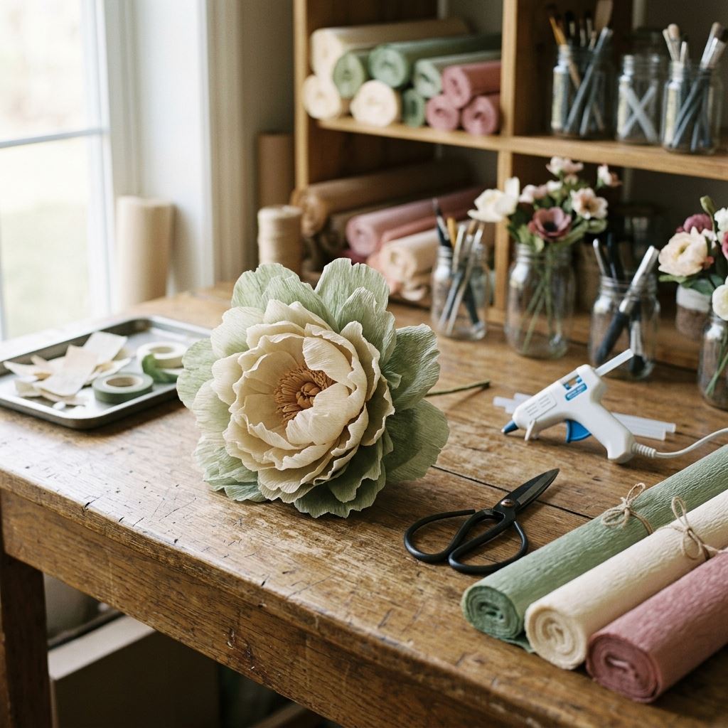 Creating oversized paper peonies using techniques taught in Giant Flowers Courses