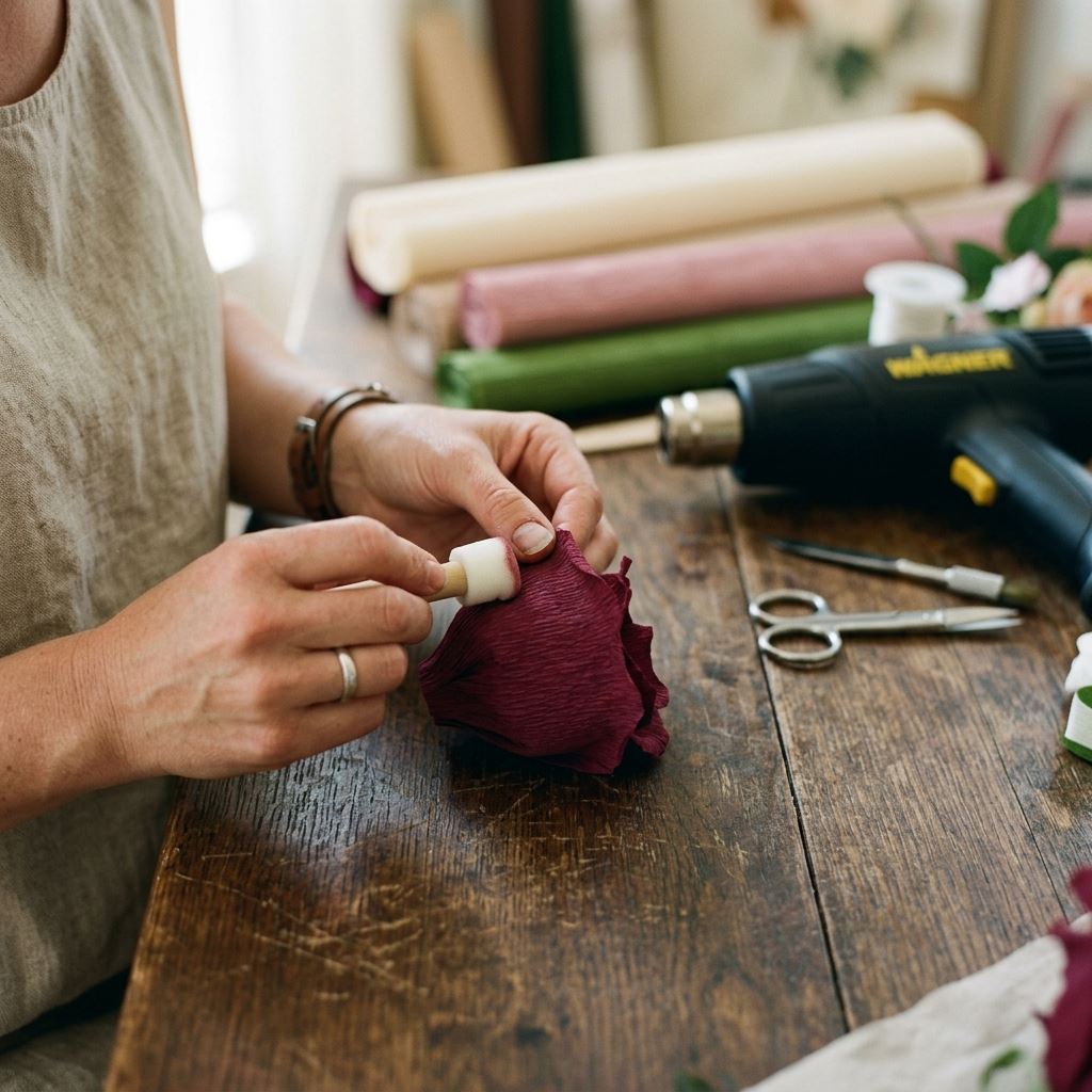 Hands crafting large paper flowers using tools from a Giant Flowers Course