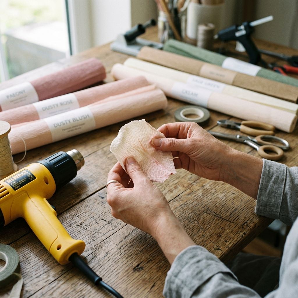 Hands-on crafting of large crepe paper rose petals for Giant Flowers Courses