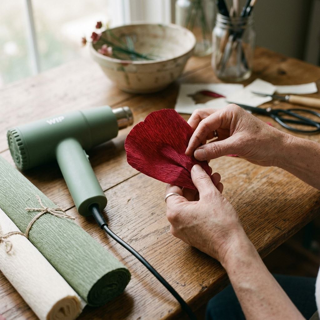 Close-up of hands working with crepe paper and a heat gun for giant flowers