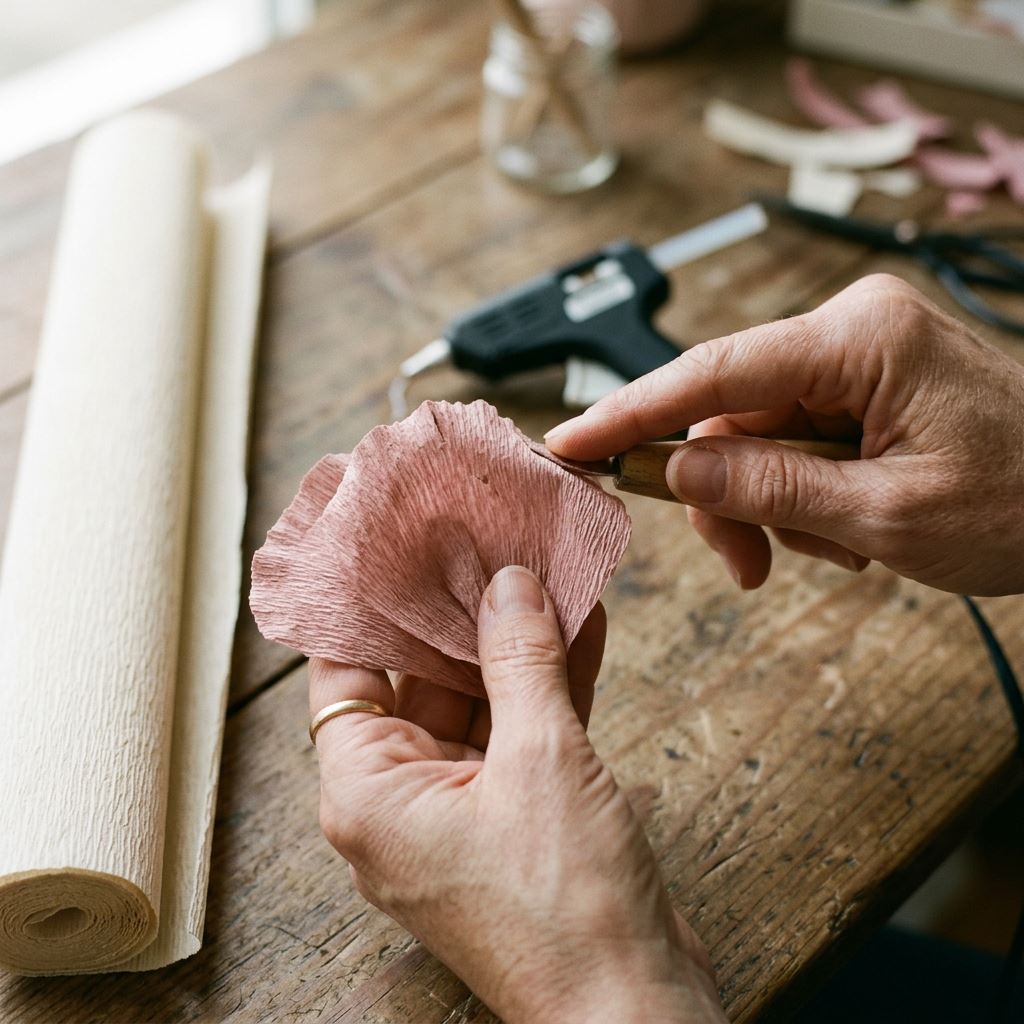 Hands-on crafting in Giant flowers courses, shaping large paper rose petals.