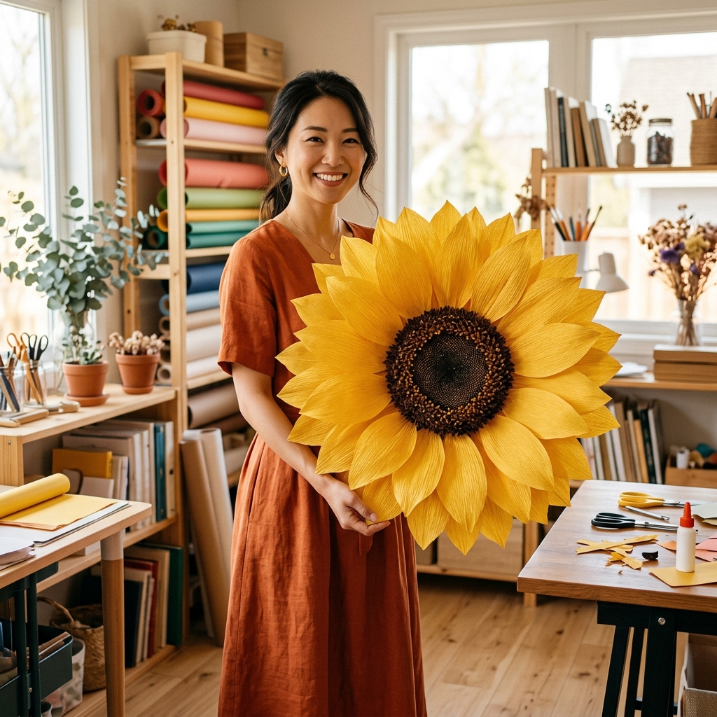 Giant Sunflower Template: Asian crafter showing fully assembled giant paper sunflower template